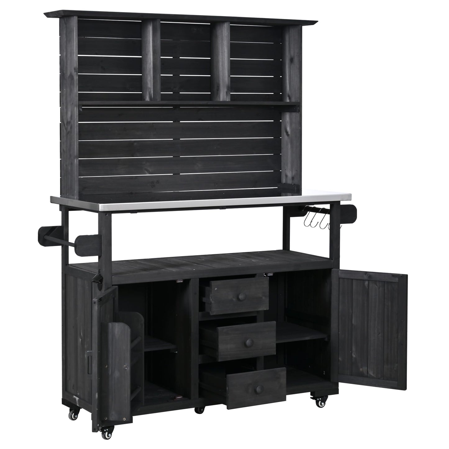 GDFStudio Preden Outdoor Storage Bench Table with Cabinet, Patio Wooden Potting Bench, Garden Storage Work Bench with Stainless Steel Top, Drawers, Cabinets, Shelves and Hooks, Kitchen Island, Black