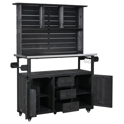 GDFStudio Preden Outdoor Storage Bench Table with Cabinet, Patio Wooden Potting Bench, Garden Storage Work Bench with Stainless Steel Top, Drawers, Cabinets, Shelves and Hooks, Kitchen Island, Black