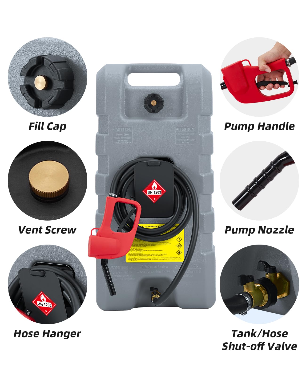 15 Gallon Gas Can with Manual Transfer Pump, Portable Fuel Caddy with Wheels & Carry Handle, 10 ft Hose, Heavy-Duty HDPE Fuel Transfer Tank for Gasoline Diesel Kerosene, Brass Shut-Off Valves, Gray