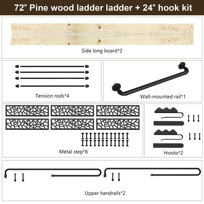 LKCBITION 72inch Knotty Pine Wood Library Ladder with Black Metal Step and Handle, Includes 24inch Rustic Black Wall Mount Pipe Railing with Hooks(Suitable Installation Height 70-5/8")
