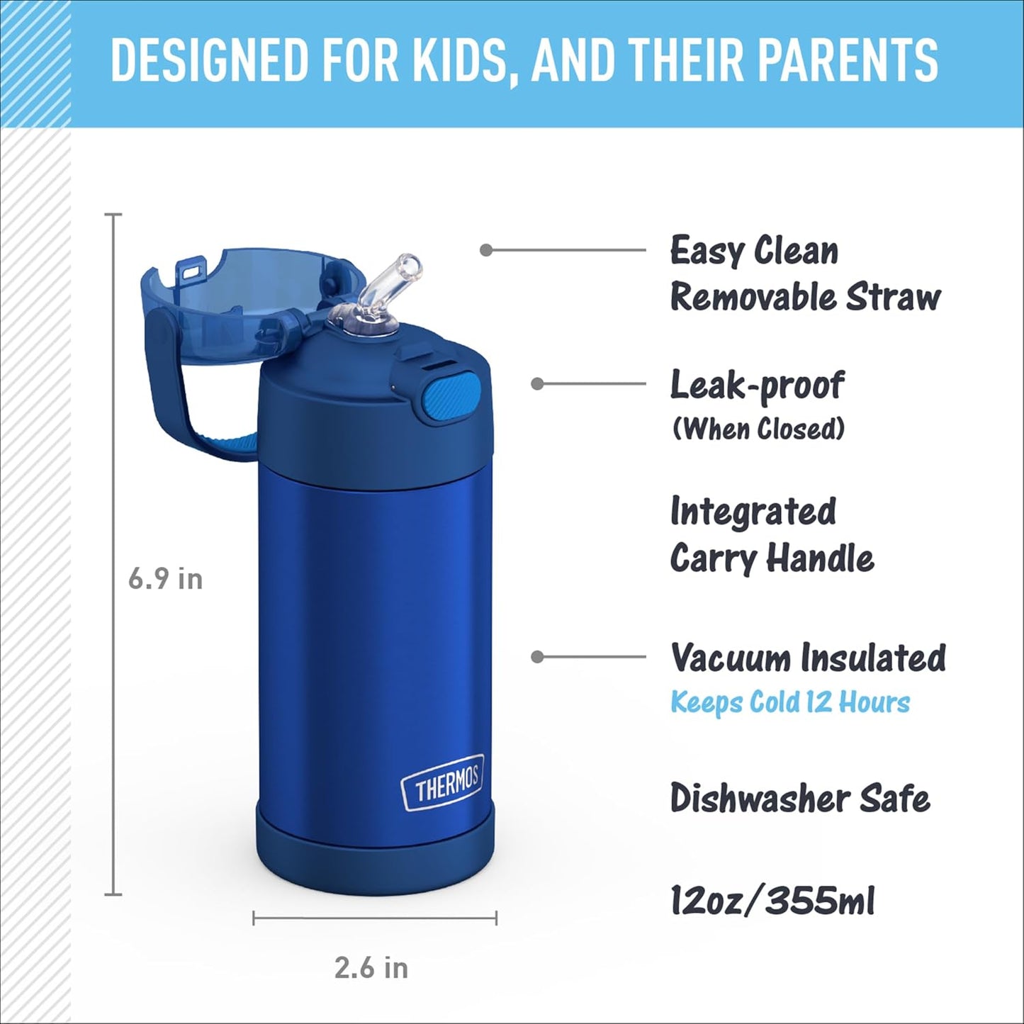THERMOS FUNTAINER 12 Ounce Kids Straw Bottle - Stainless Steel Vacuum Insulated, Blue Color
