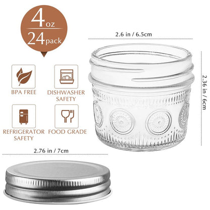 Amzcku 4 oz Glass Mason Jars with Regular Mouth Lids - 24-Pack Glass Canning Jars for Storage, Overnight Oats, Jam, Jelly, Honey, Beans, Spices, Wedding Favors, Shower Favors
