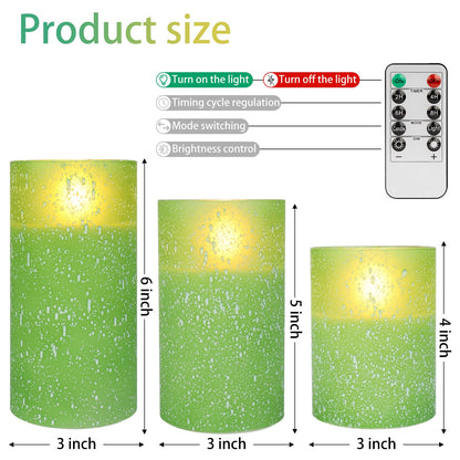 COVEGE Green Flameless Candles with Remote, Glass Flickering Battery Operated LED Pillar Candles with Timer, Real Wax, Set of 3 x4/5"/6"