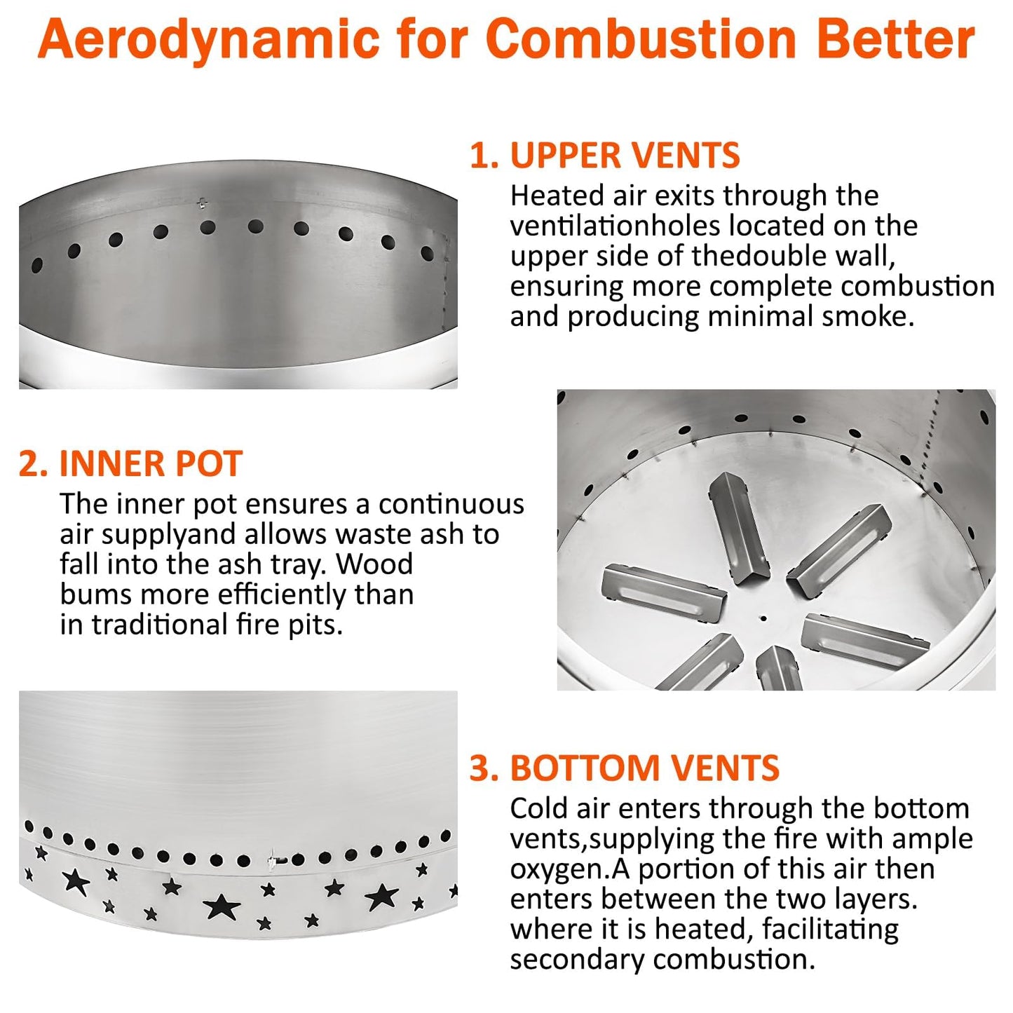 27 Inch Smokeless Fire Pit, Stainless Steel Wood Burning Fire Pits with Removable Stand and Ash Pan, Portable Bonfire Pit with Handle, Outdoor Fire Pit for Camping, Picnic and Family Gathering