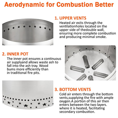 27 Inch Smokeless Fire Pit, Stainless Steel Wood Burning Fire Pits with Removable Stand and Ash Pan, Portable Bonfire Pit with Handle, Outdoor Fire Pit for Camping, Picnic and Family Gathering