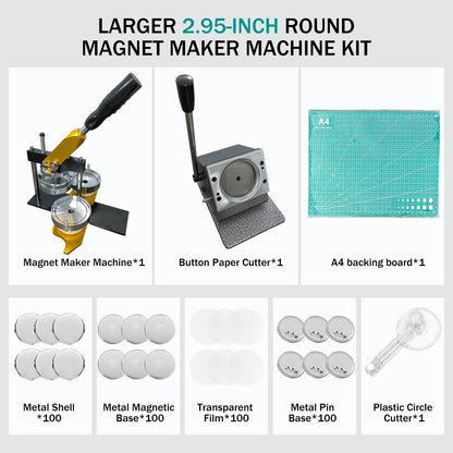 SENBORYSUN Magnet Maker Machine Kit, 2.95" DIY Photo Fridge Button Press & 75mm Button Paper Cutter with 100pcs Consumables, Round Metal Punch Set for Pin Badge & Magnets, Sticker Making Supplies
