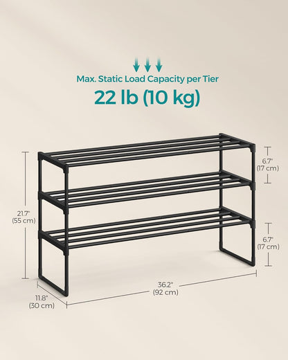 SONGMICS 3-Tier Shoe Rack - Stackable Metal Organizer for 16-20 Pairs | Black, 11.8 x 36.2 x 21.7 Inches