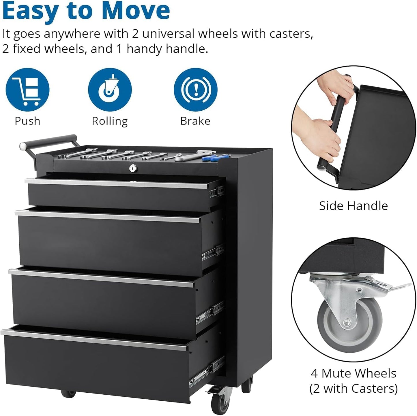 GarveeHome 4-Drawer Tool Chest, Rolling Tool Box with Wheels and Lock System, Portable Storage Rolling Tool Chest for Warehouse, Workshop & Repair Shop, Black