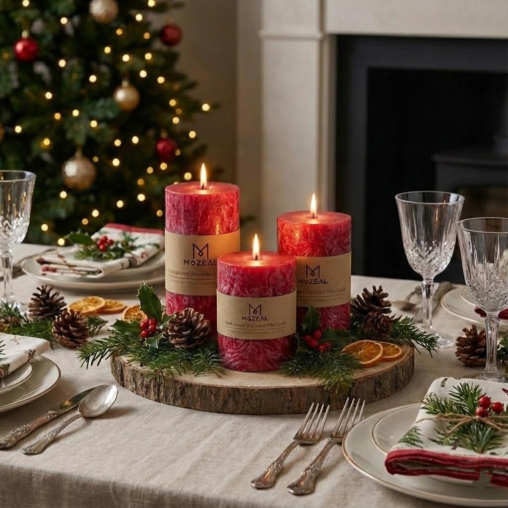 MOZEAL Hand-Poured, Unscented Red Crystal Pillar Decorative Candles, Elegant Set of 3 in Different Sizes (3"x4", 3"x5", 3"x6"), Luxurious Décor for Christmas Homes & Events