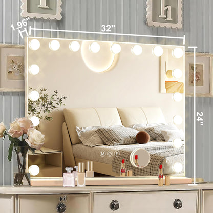 Ratsamee Hollywood Vanity Mirror with Lights, 18 Dimmable Bulbs, 3 Color Lights,Make Up Lighted Mirror, Aluminum Metal Frame, USB Charging Port（32" x 24"）
