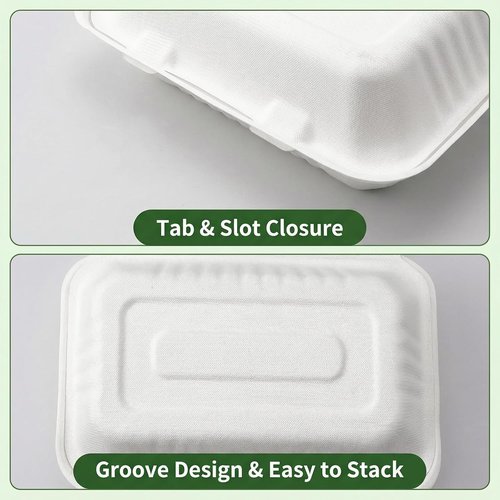 Elsjoy 90-Pack Compostable Clamshell Take Out Containers - 2-Compartment, 9" x 6", Microwave Safe