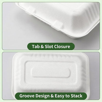 Elsjoy 90-Pack Compostable Clamshell Take Out Containers - 2-Compartment, 9" x 6", Microwave Safe