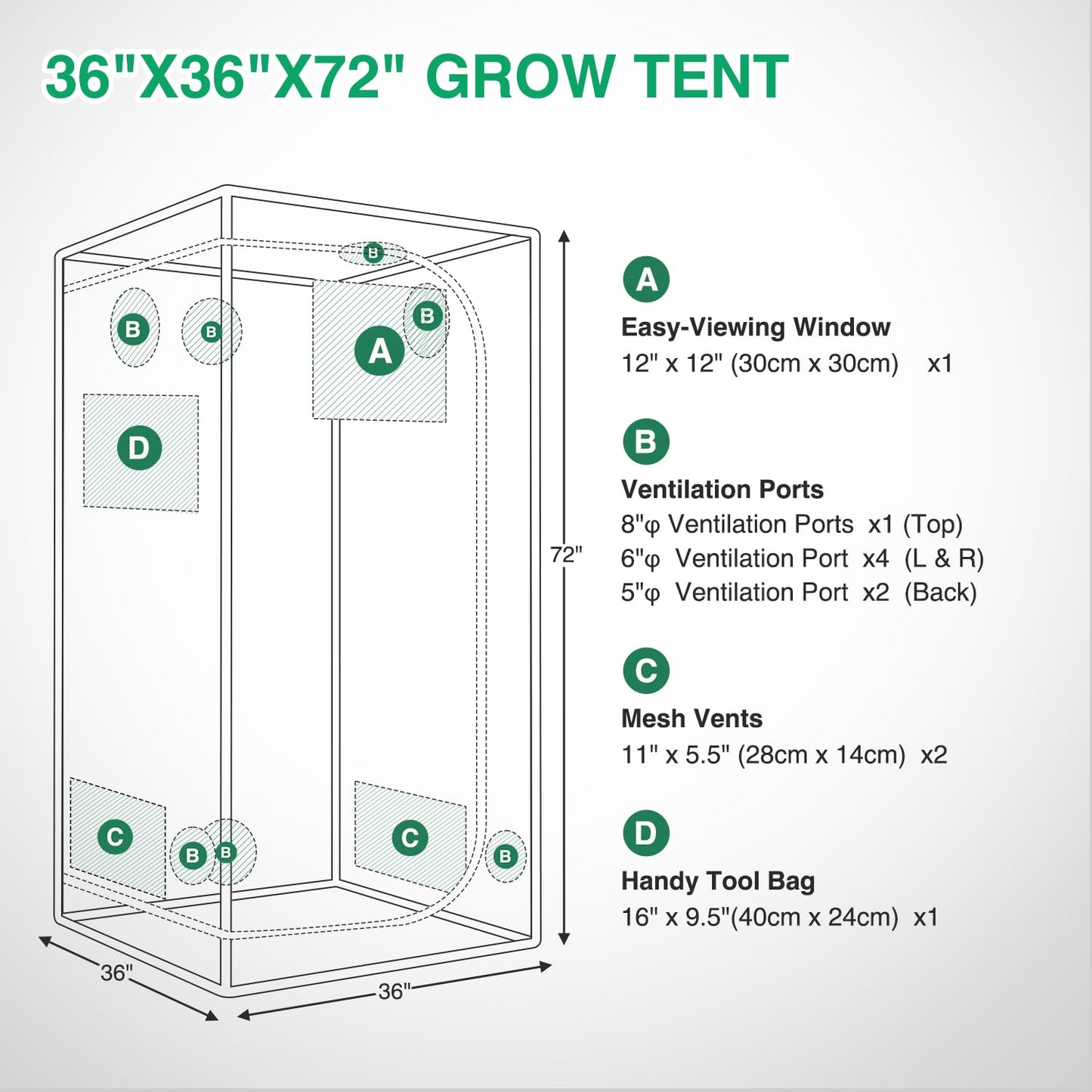 Yesker 3x3 Grow Tent 36"x36"x72" High Reflective Mylar Indoor Growing Tents 600D Oxford Cloth with Observation Window and Removable Floor Tray for Hydroponics Indoor Plants Fruit Flower Veg Growing
