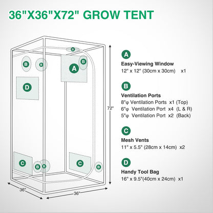 Yesker 3x3 Grow Tent 36"x36"x72" High Reflective Mylar Indoor Growing Tents 600D Oxford Cloth with Observation Window and Removable Floor Tray for Hydroponics Indoor Plants Fruit Flower Veg Growing