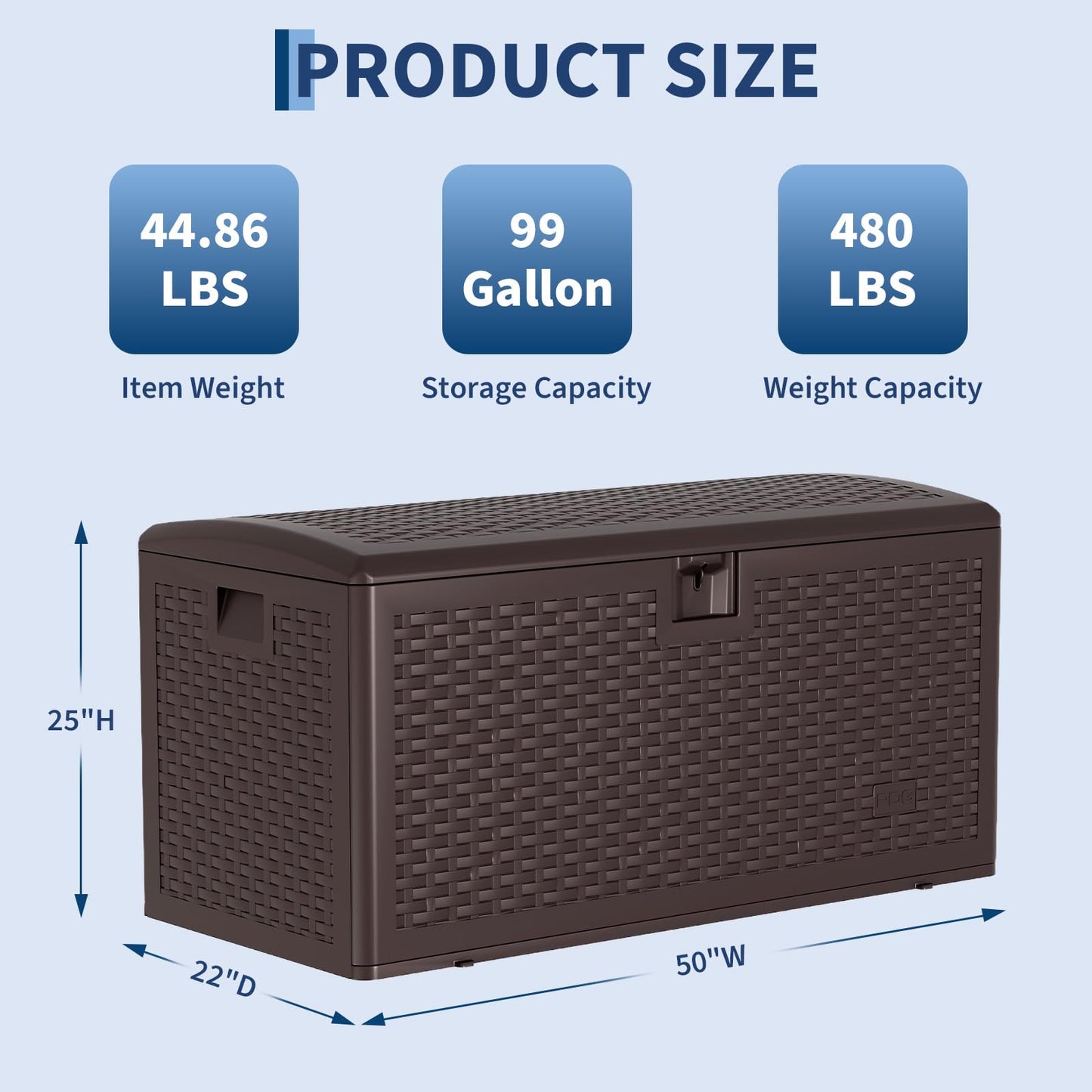 99 Gallon Waterproof Large Resin Deck Box Indoor Outdoor, Lockable Storage Container for Patio Furniture Cushions, Throw Pillows, Garden Tools, and Pool Floats, Brown