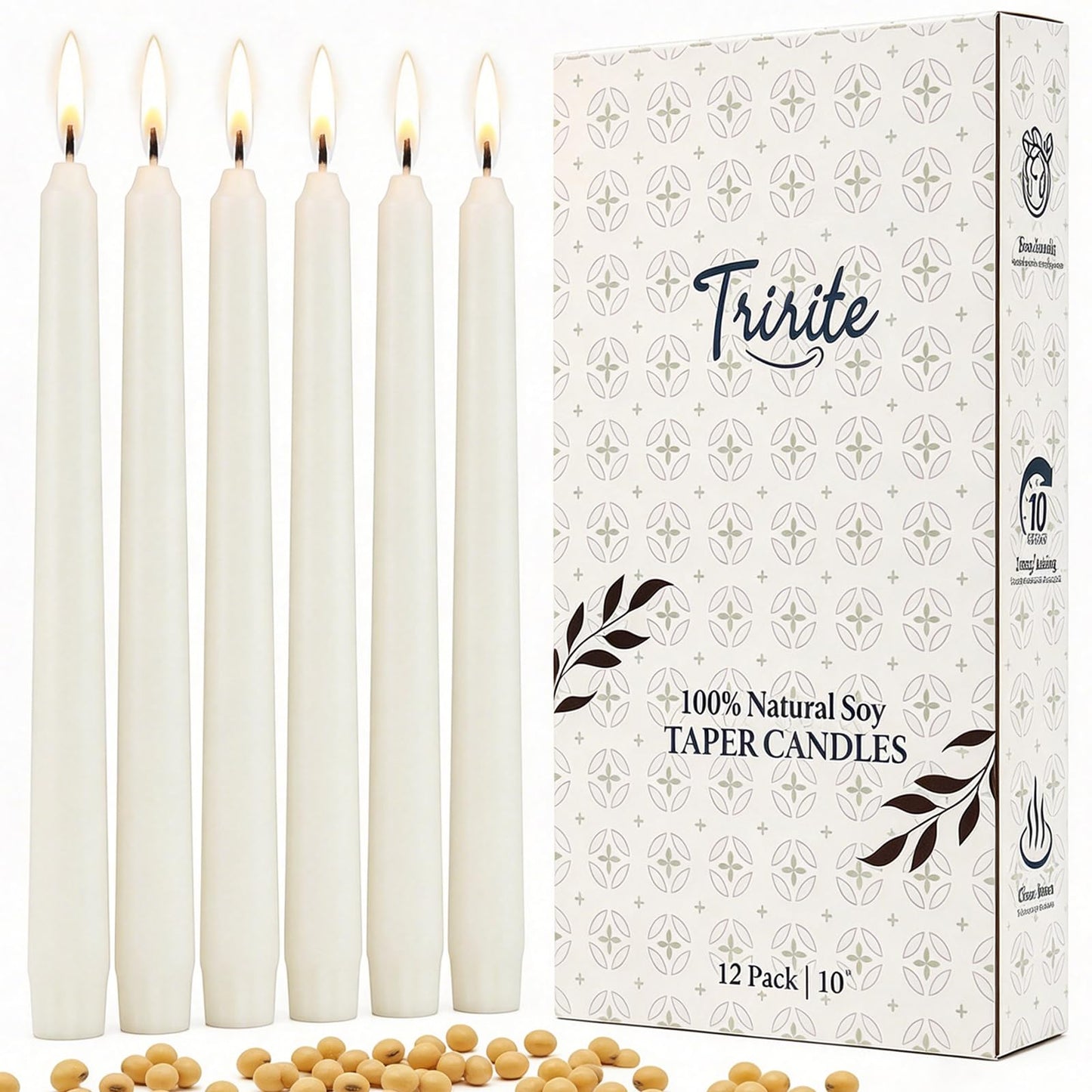 TRIRITE White Soy Taper Candles, 10 Inch Unscented Taper Candles Handmade Dinner Candle, Dripless & Smokeless Non-Toxic Soy Candle for Wedding Holiday Party Home Decoration, 9-8 Hour,12 Pack