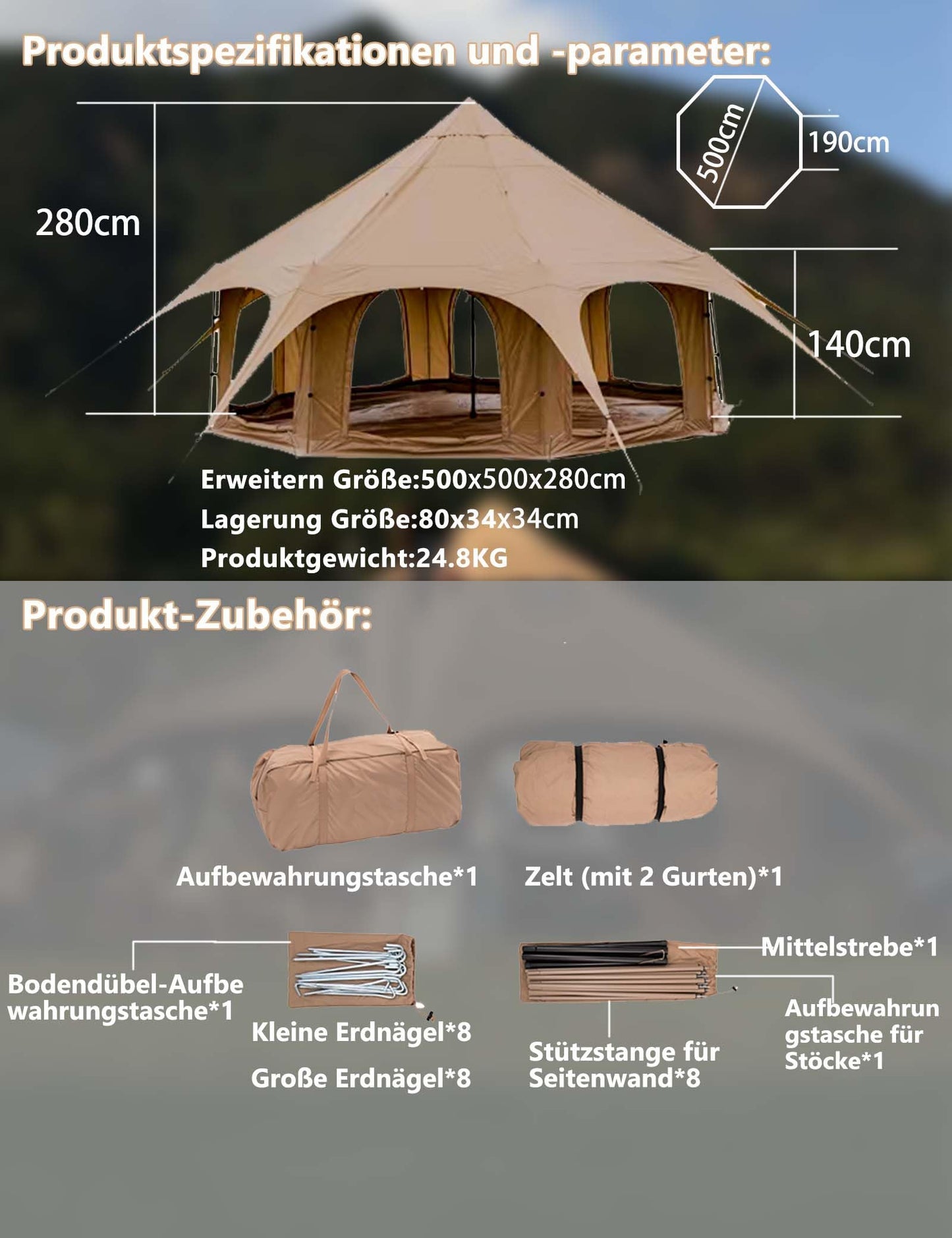 Thcbme 5M Cotton Canvas Bell Tent - Yurts with Stove Jack, Windproof, Breathable Shade, Family Camping Travel, Group Activities, 4 Season Polyester (6-10People), Khaki, 16.4ft (MXT16.4ft-KQ)