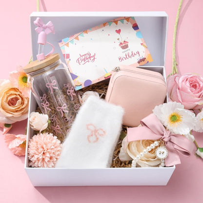 juciasouul 6 Pcs Pink Bow Gift Set, Coquette Stuff with 16oz Bow Glass Cup, Socks, Jewelry Box and Coquette Keychain, Coquette Gift Set for Woman, Pink Woman Presents for Girls Sister Friends
