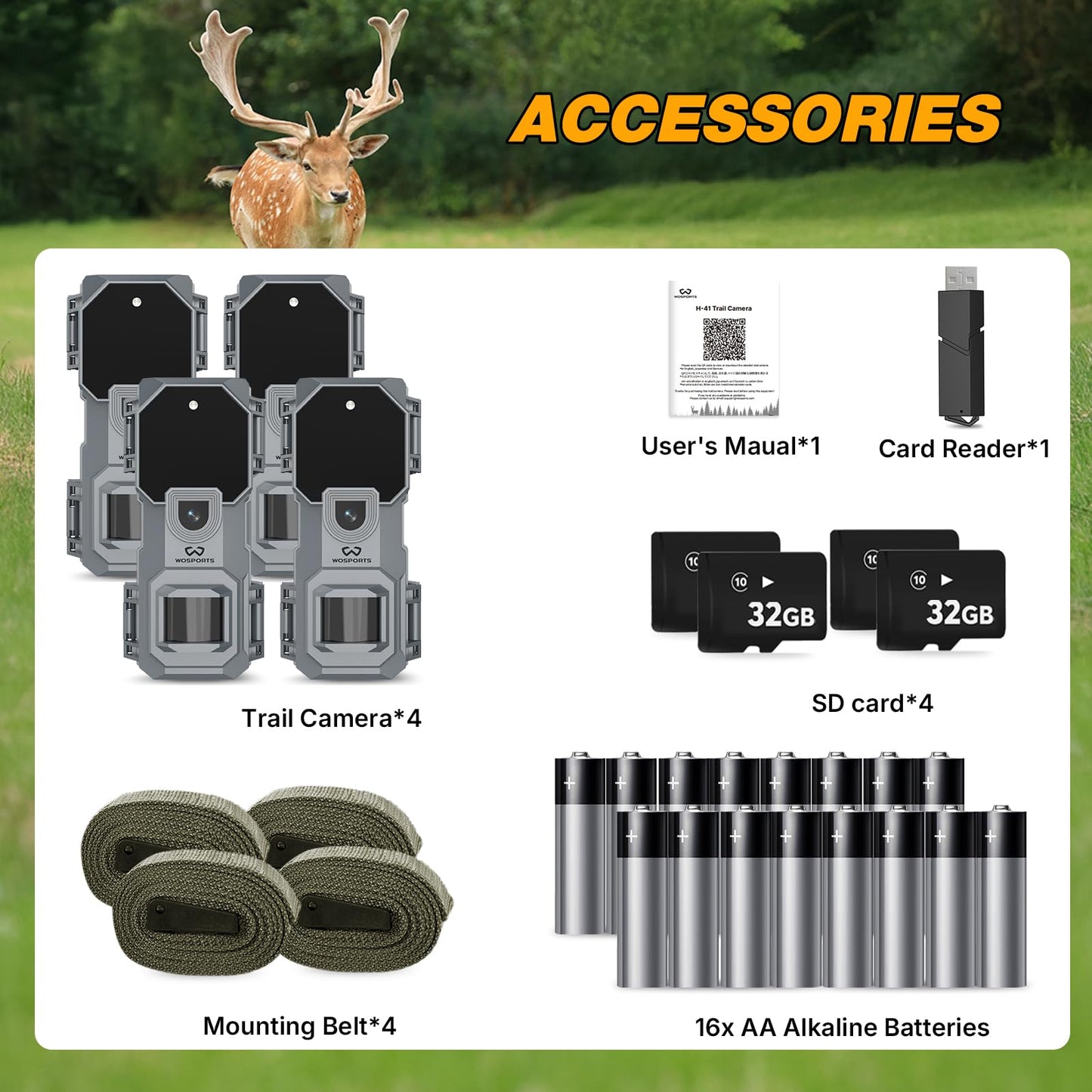 WOSPORTS Trail Camera 4 Pack 32MP 1080P HD Deer Camera with 32GB SD Card Game Cameras with Night Vision Motion Activated Waterproof for Outdoor Wildlife Monitoring with Card Reader