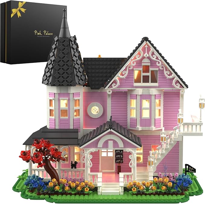 Pink Palace House Building Kit 2194 PCS Movie‑Inspired Display Model for Adults Ideal Open‑Back Interior Rooms Gift Box Packaging (Standard Edition)