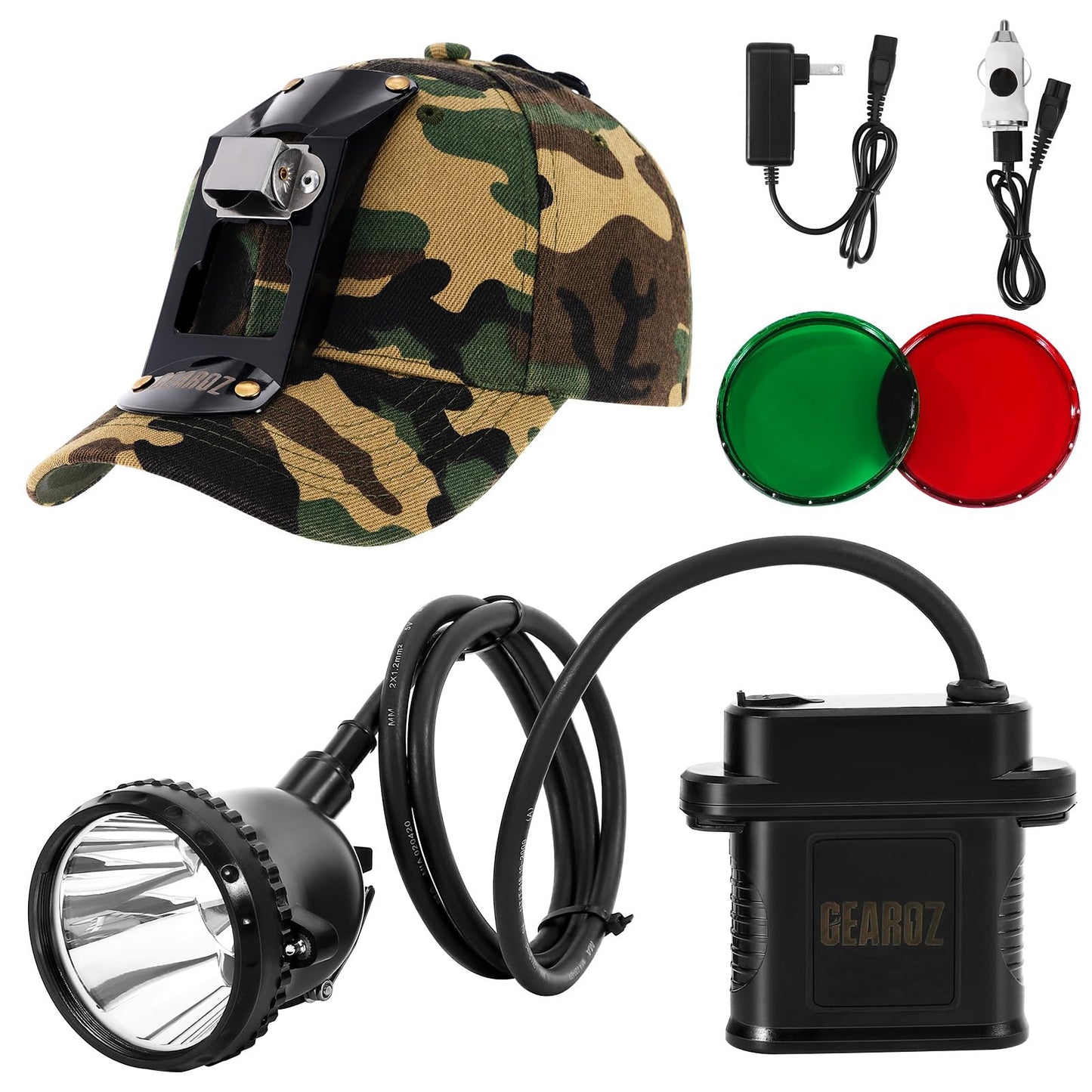 GearOZ 10W LED Coon Hunting Lights for Predator Coyote Hog, 55000 LUX Super Bright Hunting Headlamp Rechargeable, IPX5 Waterproof White Light & Red/Green Optical Filters, 5 Position Switch Soft Cap