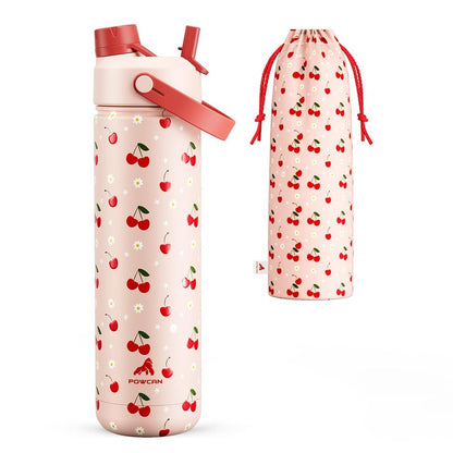 POWCAN 26 oz Insulated Water Bottle with 2-in-1 Straw and Spout Lid, Keep Cold 24H, Leak-Proof, Fits in Car Cup Holder, Stainless Steel Water Bottle for Sports, Travel, Gift and School (Cherry Meadow)