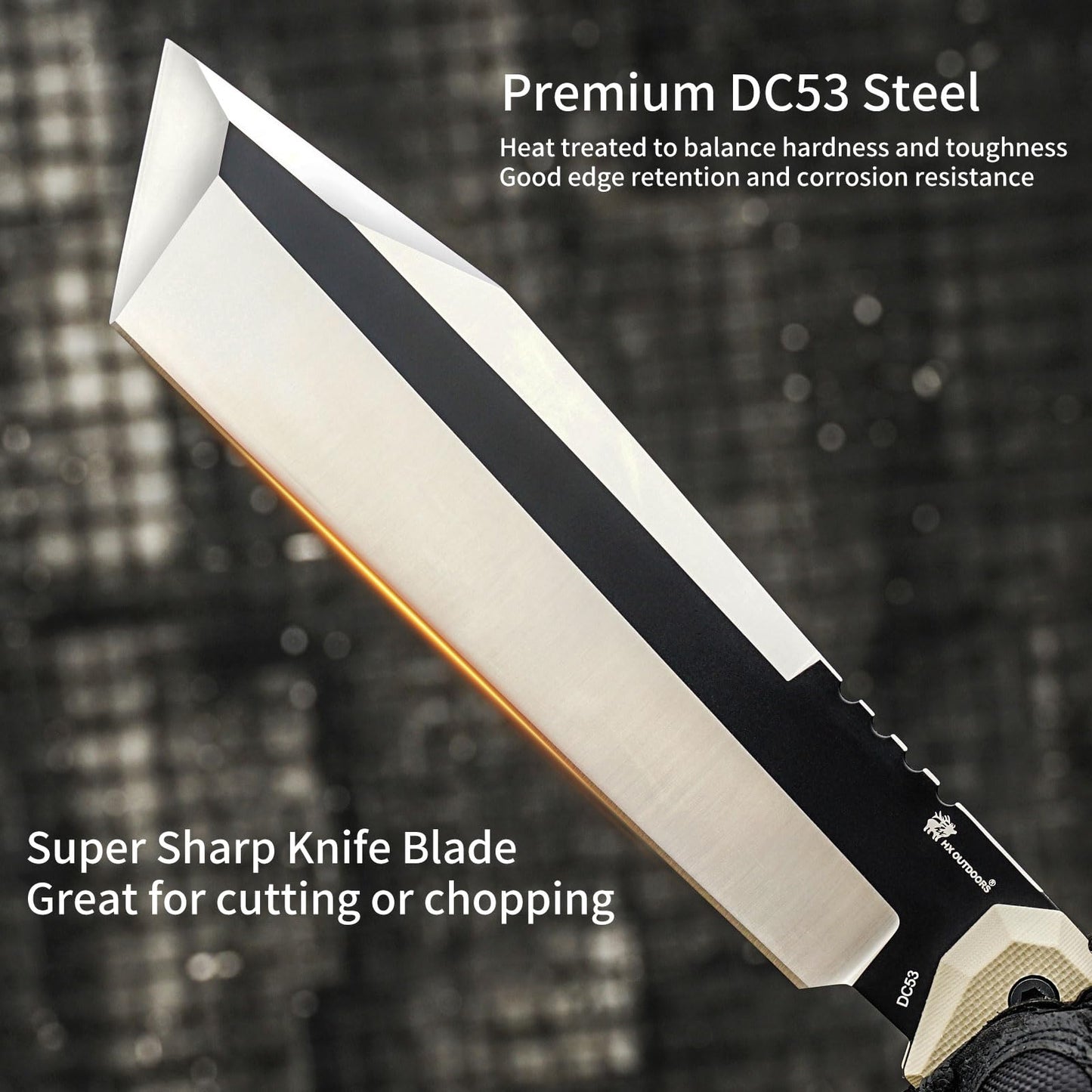 HX OUTDOORS 2-Pcs Survival Kit: 14" DC53 Steel Kukri Machete & Fixed Blade Camping Knife with Kydex Sheaths, Heavy Duty Bushcraft Tool Set for Clearing Brush, Yard Work & Camping