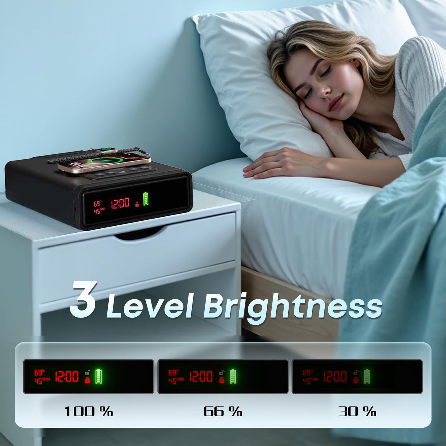 Biometric Fingerprint Gun Safe with Phone & Watch Wireless Charging, 3 Quick Access, Clock Handgun Safe with Adjustable Brightness, Backlit Keypad, Pistol safe for home, office.Gifts for Father's Day