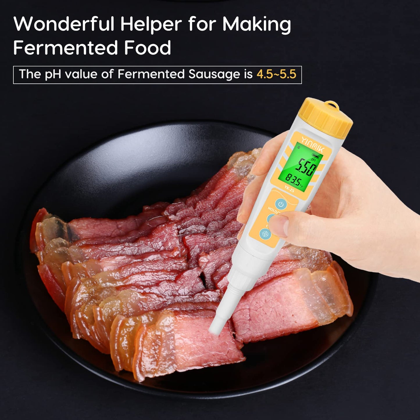 YINMIK Digital pH Meter for Food, pH Probe for Sourdough and Bread Dough, Checking The pH of Fermenting Sausages and Salami, Waterproof pH Tester for Solid and Liquid Soft Soil Sample…