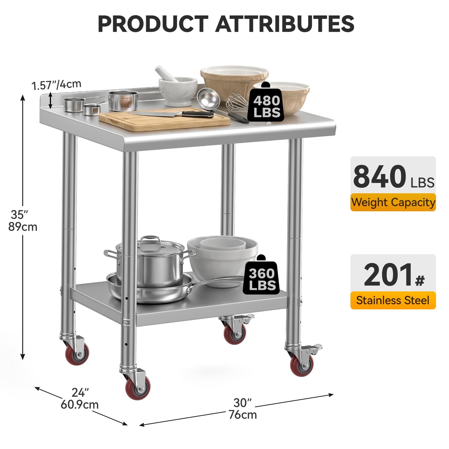 DWVO 30x24in Stainless Steel Table, NSF Metal Prep Worktable with Backsplash & Wheels for Kitchen Restaurant Hotel Garage Warehouse Home