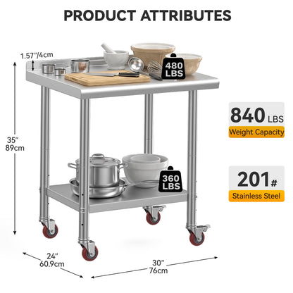 DWVO 30x24in Stainless Steel Table, NSF Metal Prep Worktable with Backsplash & Wheels for Kitchen Restaurant Hotel Garage Warehouse Home