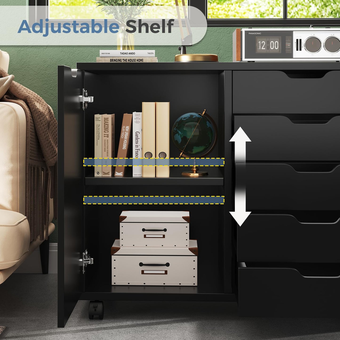 DUMOS 5 Drawer File Cabinet Office Drawers Organizer with Wheels Rolling, Under Desk Cabinets with Shelves and Door Printer Stand with Wood Board Metal Frame for Home Office Storage Craft Room, Black