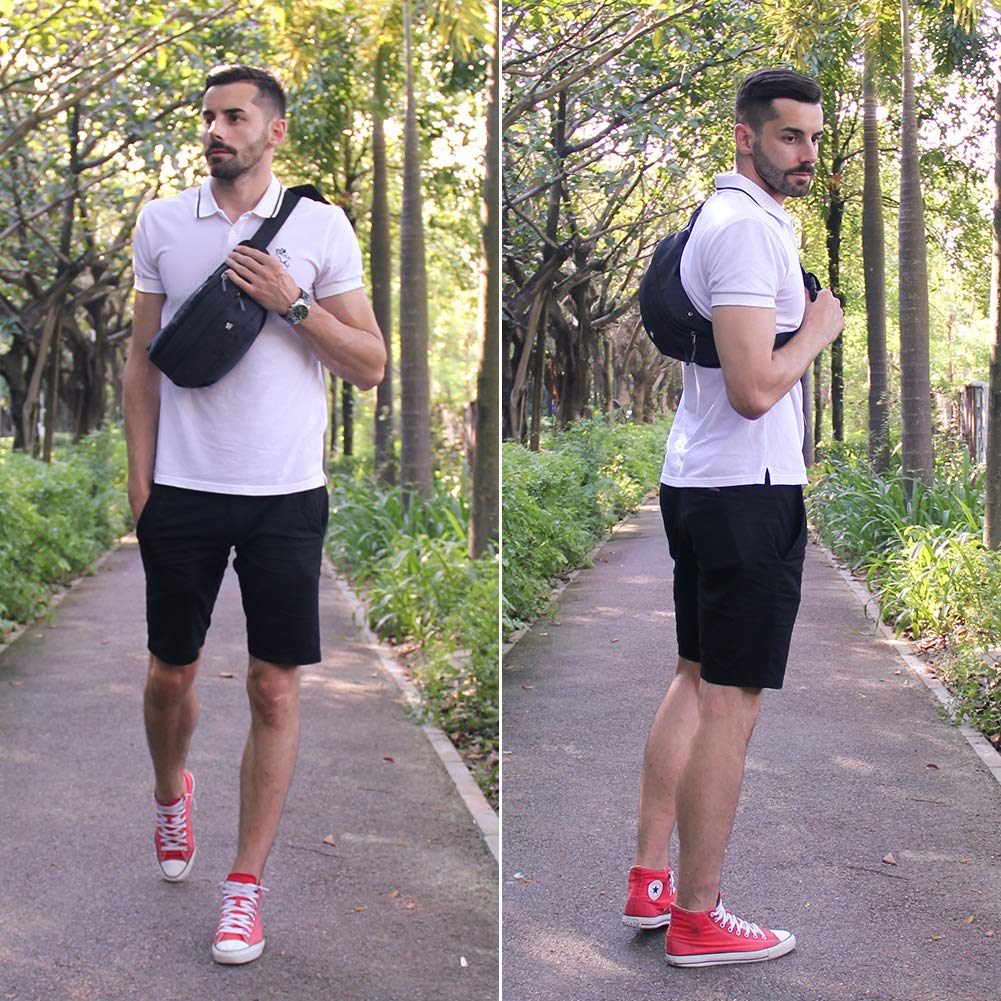 WATERFLY Fanny Pack for Men Women Water Resistant Large Hiking Waist Bag Pack Carrying All Phones for Running Walking Traveling (Black)
