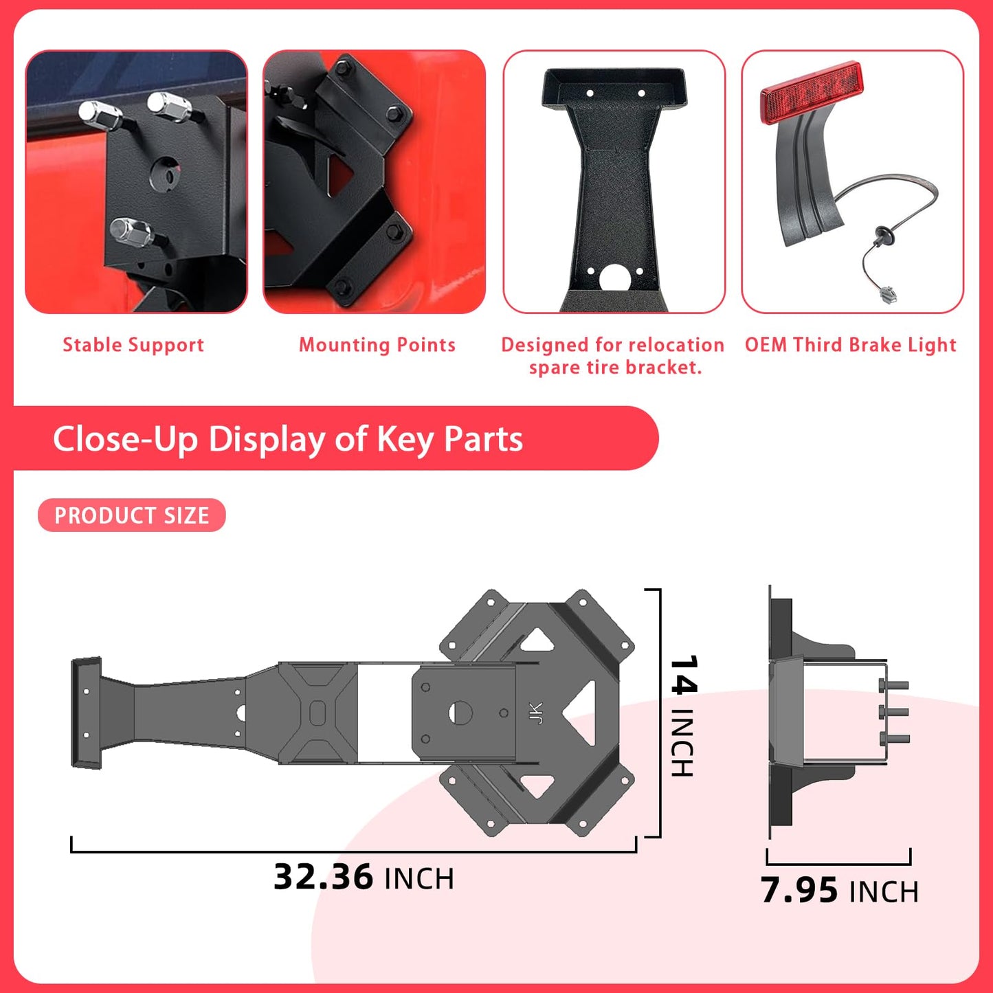 KLYONA for JK up to 37" Spare Tire Carrier with Third Brake Light Bracket Compatible with 2007 2008 2009 2010 2011 2012 2013 2014 2015 2016 2017 2018 Jeep Wrangler JK JKU Width-Adjustable Tire Lift