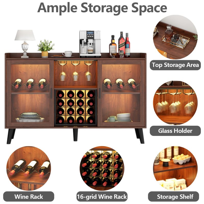 Loomie Wine Bar Cabinet with LED Light, Home Coffee Cabinet with Wine Rack and Glass Holder, Kitchen Buffet Sideboard W Storage Shelf, Freestanding Liquor Cabinet for Living Room, Dining Room (Walnut)