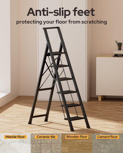 GameGem 6 Step Ladder for 12 Feet High Ceiling, Lightweight Aluminum Folding Step Stool with Convenient Handgrip, Stepladders with Anti-Slip and Wide Pedal for Home Use Space Saving - Black