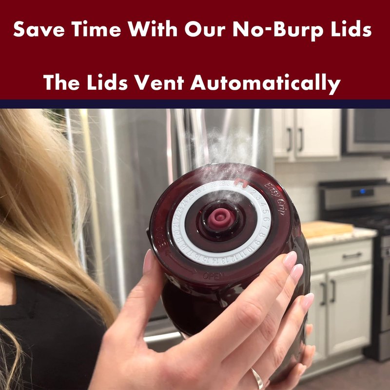 Fermenting Lids for wide mouth mason jars. 4 waterless airlock fermentation lids kit. Easy Grip fermenter lid with Oxygen Pump automatically Vents air. Tracks ferment date. (4 Lids + Pump)