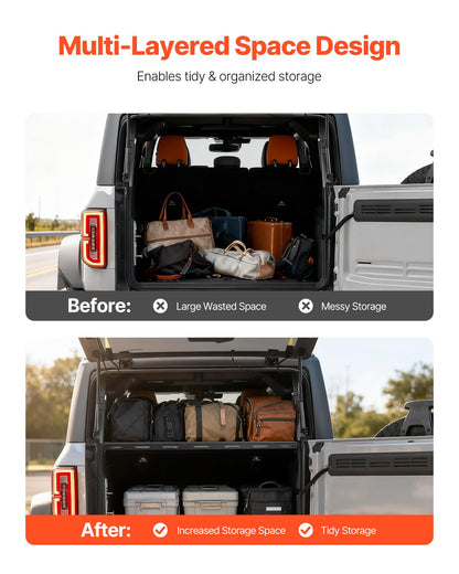 VEVOR Rear Trunk Cargo Rack with Net 2021-2026 Ford Bronco 4 Door Hardtops (Exclude Bronco Sport), 300 lbs Capacity, Carbon Steel Basket Tray Interior Storage Luggage Carrier