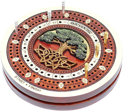 House of Cribbage - 2 Track 60 Points - Tree of Life Inlaid Wooden Travel/Pocket Size Cribbage Board - Size 4 Inch (Maple Wood/Blood Wood)