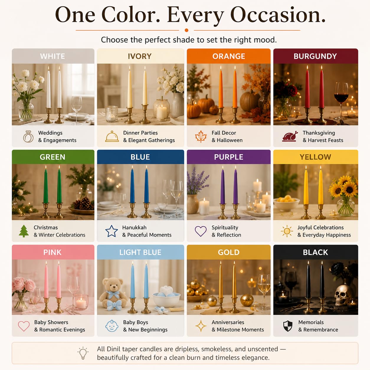 Dinil Orange Taper Candles - 10 Inch Unscented Dripless Smokeless Candlesticks Set of 12 | Perfect for Fall, Halloween, Thanksgiving, Dinner, Wedding and Party Decoration