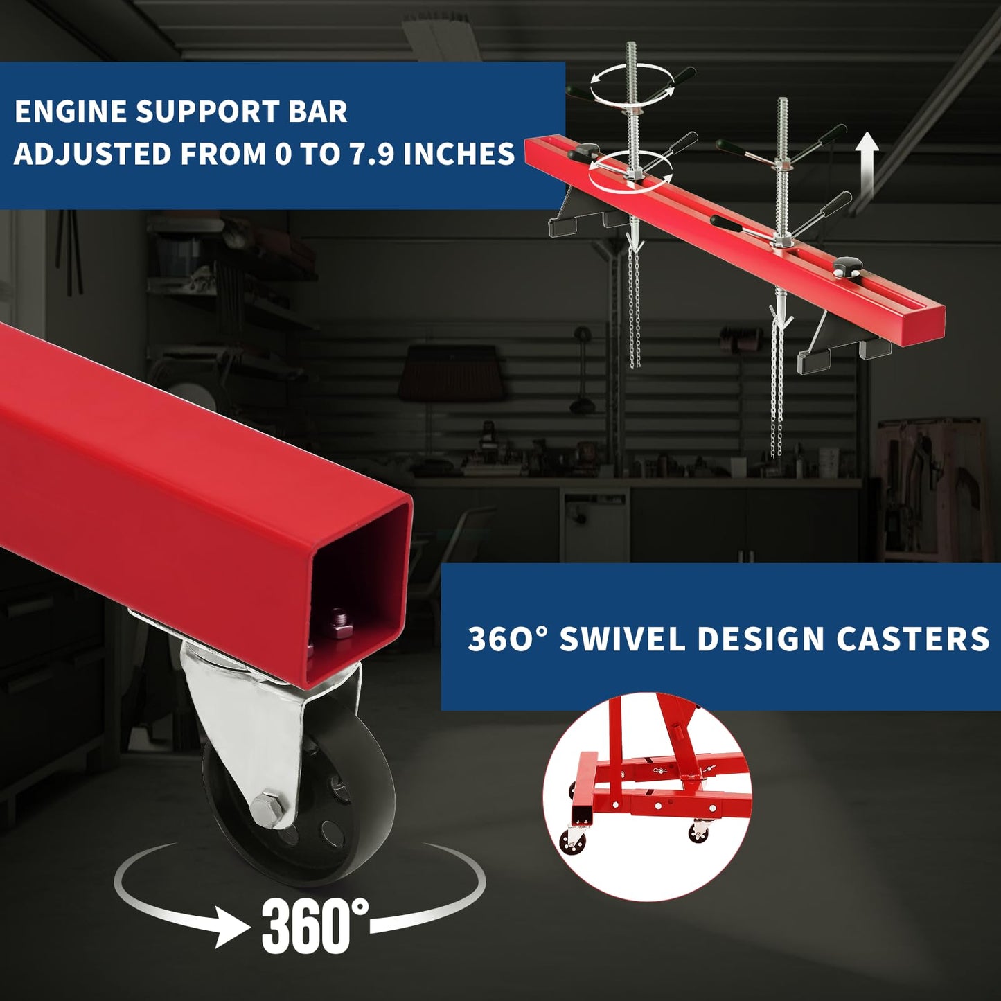 2 Ton Folding Hydraulic Engine Hoist with 59 in Load Leveler 4400 LBS Capacity Heavy Duty Cherry Picker 6 Swivel Wheels,Engine Support Bar 1100 LBS Capacity for Garage Workshop Warehouse Red