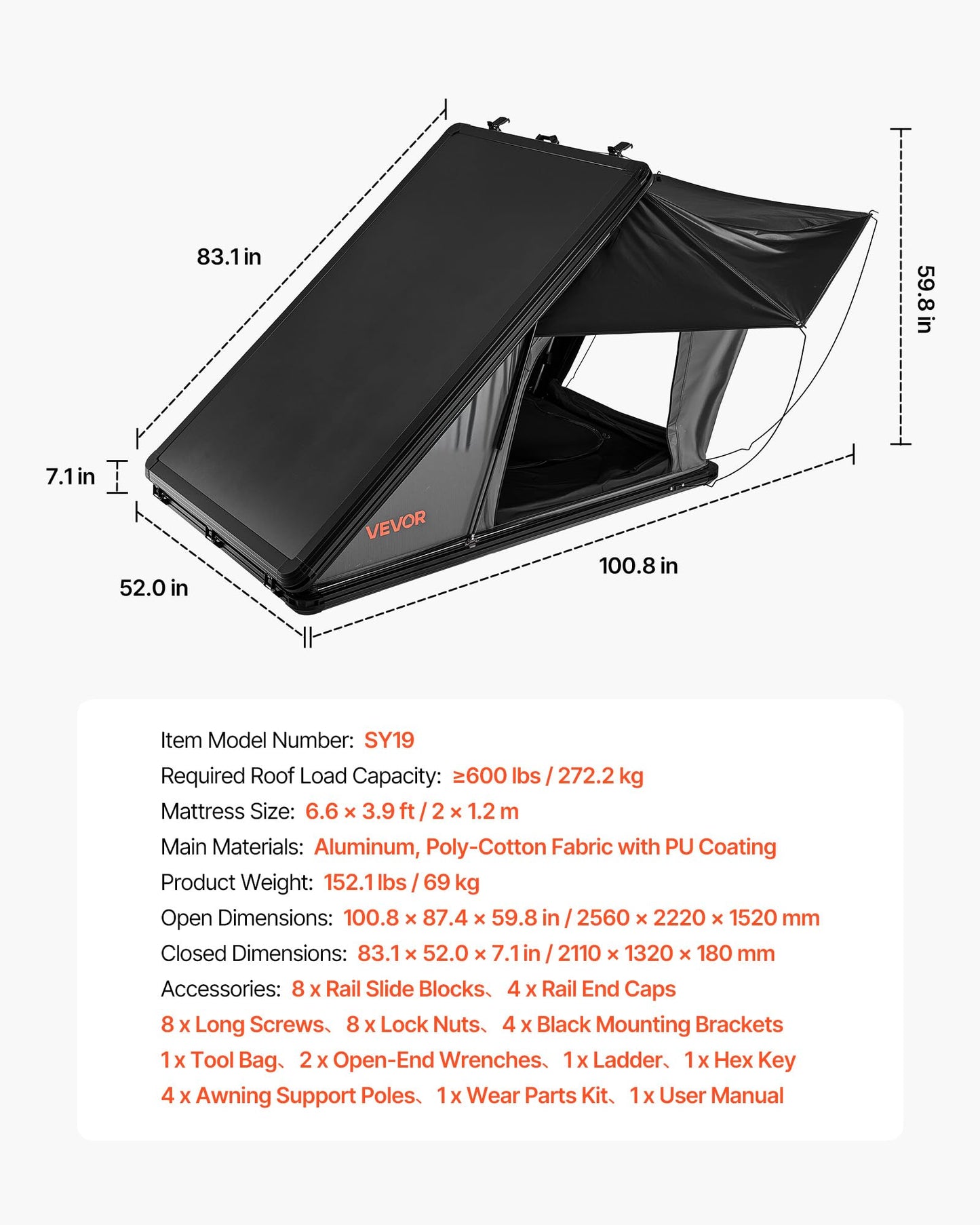 VEVOR Rooftop Tent Hard Shell, 2-3 Person Aluminum Roof Top Tent Hardshell with Tri-Color LED Light, Thick Mattress & 1 Window, Waterproof Windproof Overland Camping Car Roof Rack for Jeep SUV Pickup