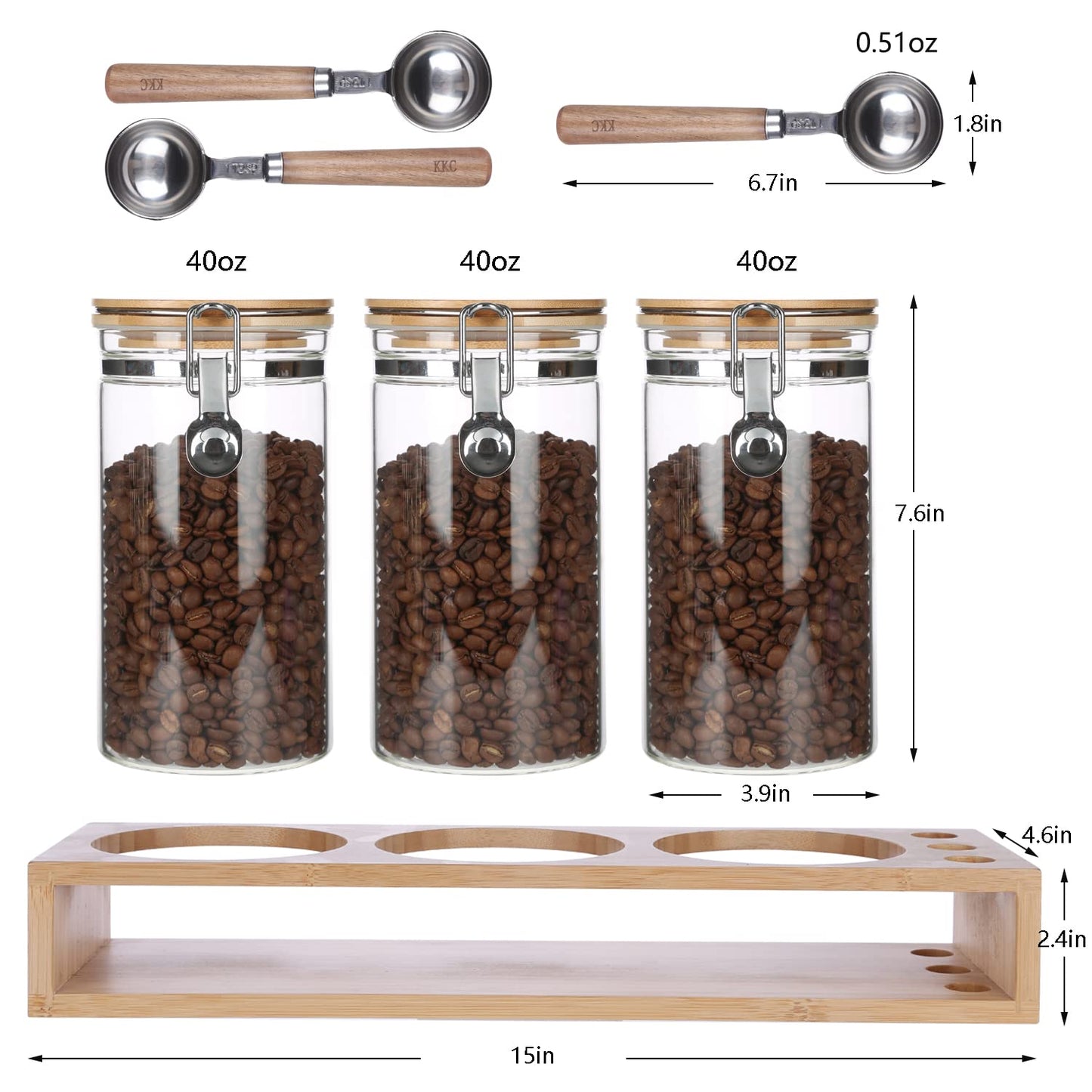 3-Pack Protein Powder Storage Containers with Bamboo Stand - 1200ml Large Borosilicate Glass Canisters for Collagen Powder & Supplements - Airtight Locking Lids & 3 Wood Handle Scoops, 40oz