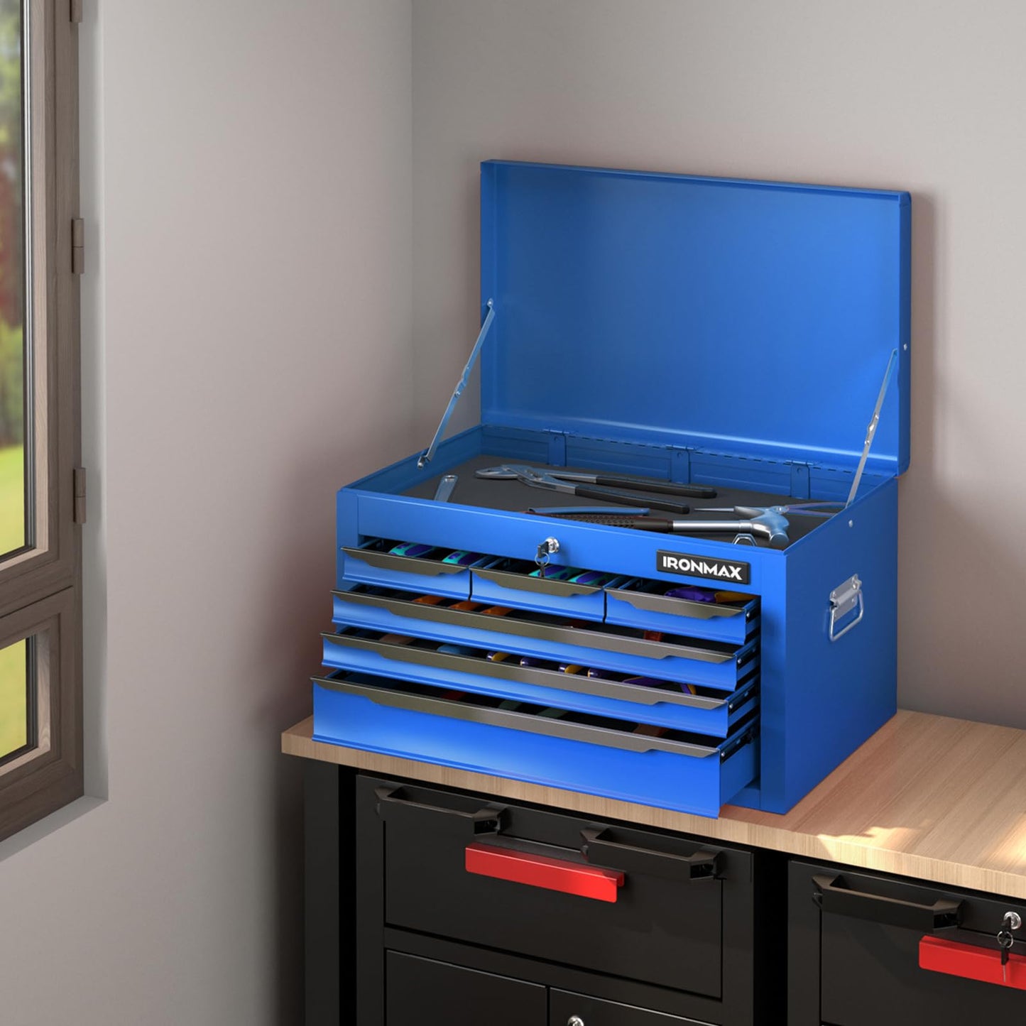 Goplus Tool Box, 24” Steel Tool Chest w/6 Drawers, Top Tool Tray,Automatic Lock, Protective Liners, Handle, Smooth Ball Bearing Sides, Portable Tool Storage Organizer, Toolbox for Garage Workshop