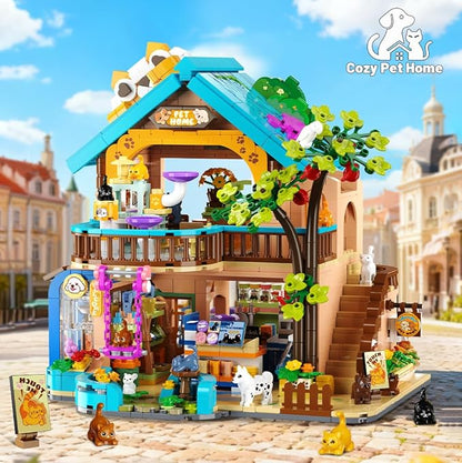 City Pet Shop Building Set with Lights Cozy Pet Store Construction Toy with Cats Dogs Cute Animal Store Miniature House Model Building Block Kit for Adults Kids Boys Girls Ages 8-12+