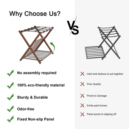 SANLUCE Fully Assembled Luggage Rack Set of 2 for Guest Room, Bamboo Suitcase Stand with Foldable Storage Shelf, Crossed Nylon Straps Folding Luggage Holder for Bedroom and Hotel, Walnut