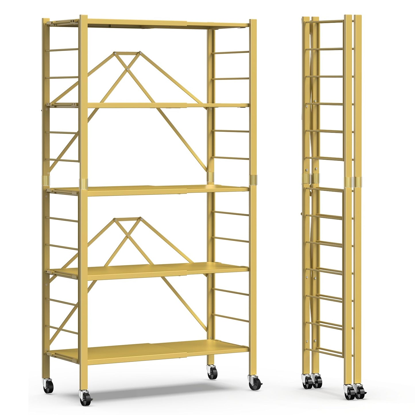 5 Tier Foldable Storage Shelves, Expandable Folding Shelving Units with Wheels, Changeable into 2 Shelf Units, Collapsible Adjustable Storage Rack Metal Shelves for Storage, Pantry, Garage, Gold