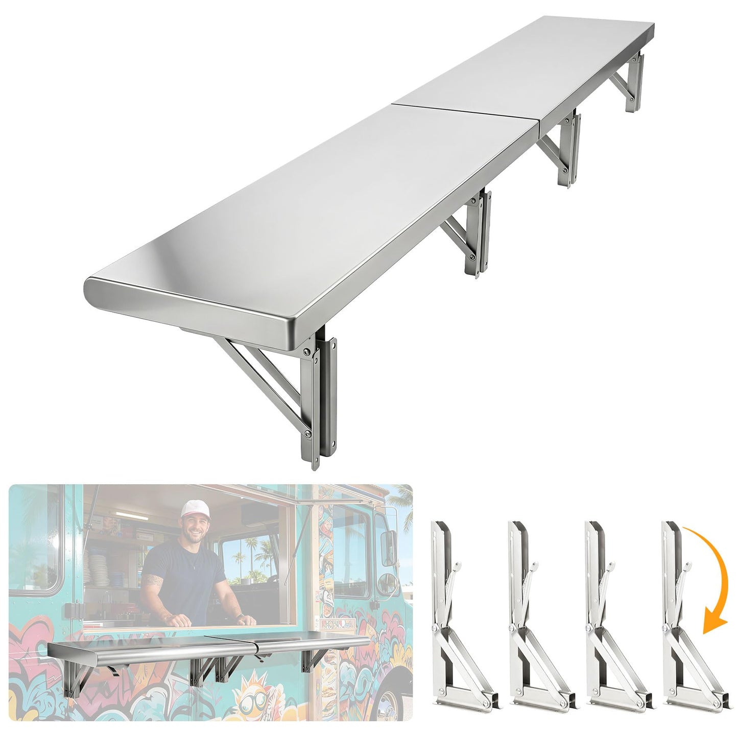 72" x 12" Split Stainless Steel Folding Concession Shelf,Heavy-Duty Drop-Down Serving Window Shelf, Wall-Mounted Folding Serving Food Shelf Stand for Food Trucks, Concession Stands & Commercial Use