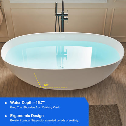 Cpingao 63" Solid Surface Freestanding Bathtub, Modern Oval Shape Soaking Tub, Stone Resin Stand Alone Bathtub with Drain & Integrated Slotted Overflow Matte White 8845-1600