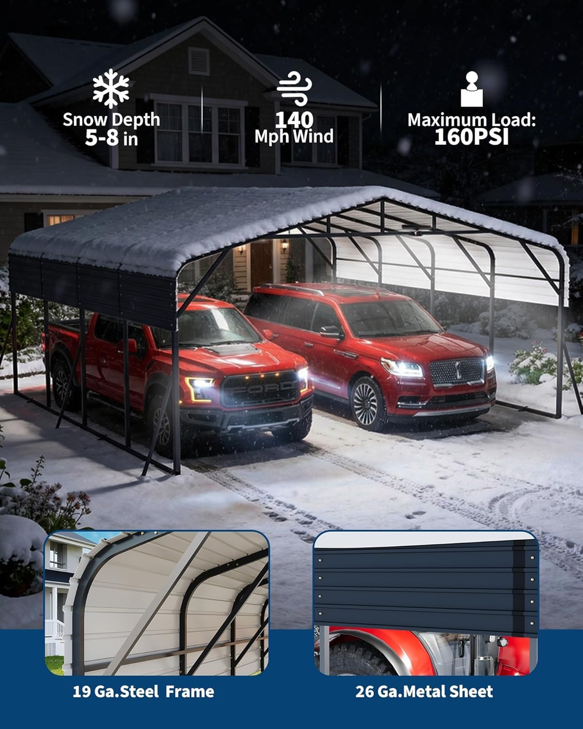 Garvee 20x20ft Heavy Duty Metal Carport, 2-Car Carport Kit with Solar Lights, RV Boat Trailer Steel Garage Shelter, Durable Color Steel Roof
